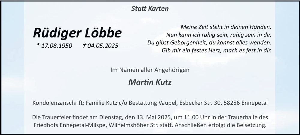  Traueranzeige für Rüdiger Löbbe vom 10.05.2025 aus Tageszeitung