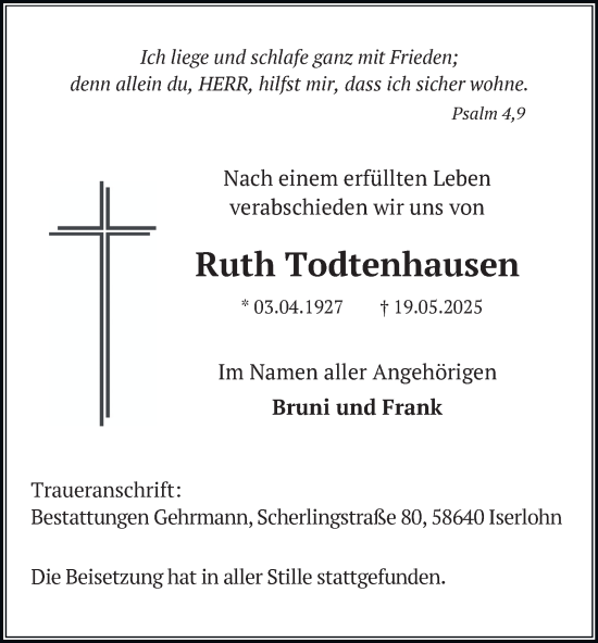 Traueranzeige von Ruth Todtenhausen von Tageszeitung
