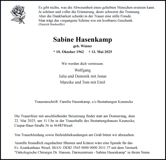 Traueranzeige von Sabine Hasenkamp von Tageszeitung