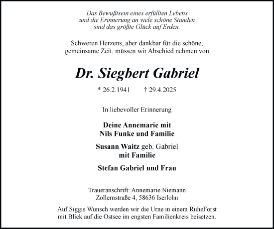 Traueranzeige von Siegbert Gabriel von Tageszeitung