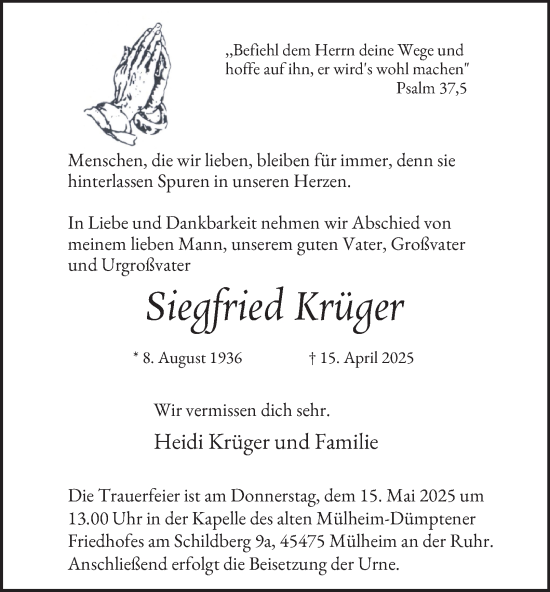 Traueranzeige von Siegfried Krüger von Tageszeitung