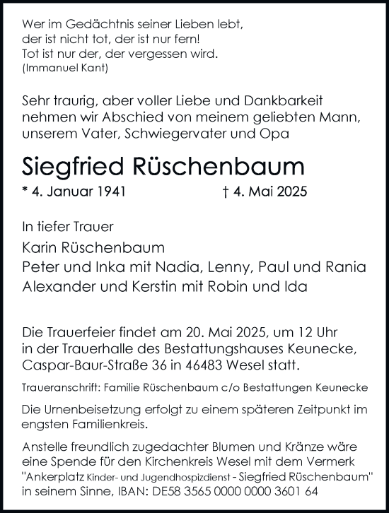 Traueranzeige von Siegfried Rüschenbaum von Tageszeitung