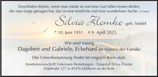 Traueranzeige von Silvia Zlomke von Tageszeitung