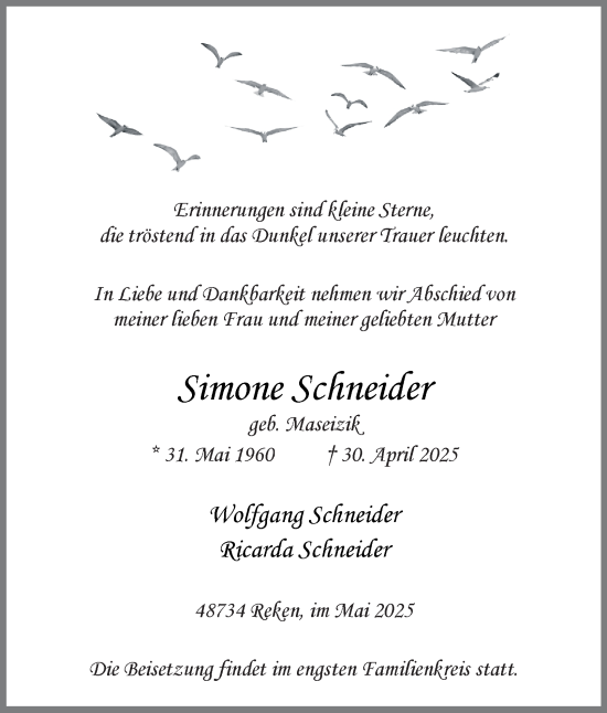 Traueranzeige von Simone Schneider von Tageszeitung