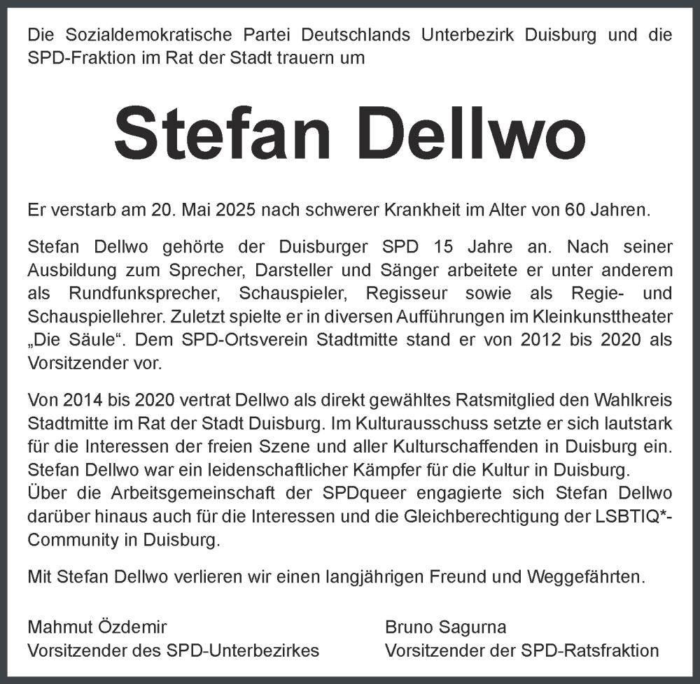  Traueranzeige für Stefan Dellwo vom 24.05.2025 aus Tageszeitung
