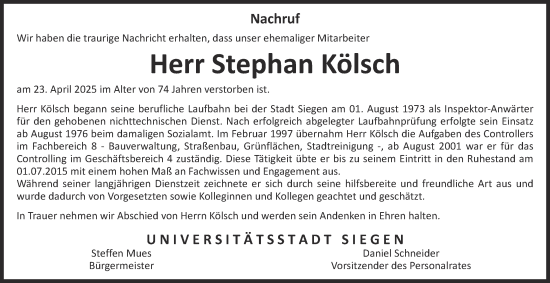 Traueranzeige von Stephan Kölsch von Tageszeitung