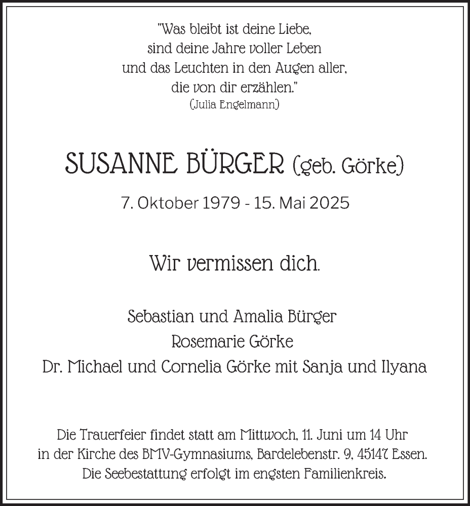  Traueranzeige für Susanne Bürger vom 24.05.2025 aus Tageszeitung