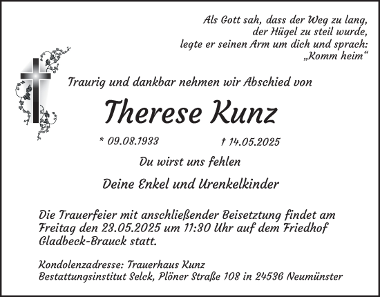 Traueranzeige von Therese Kunz von Tageszeitung