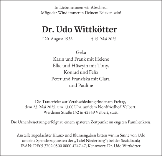 Traueranzeige von Udo Wittkötter von Tageszeitung