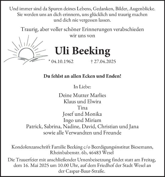 Traueranzeige von Uli Beeking von Tageszeitung
