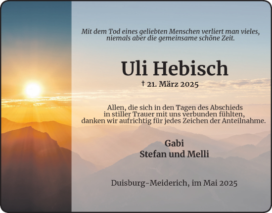 Traueranzeige von Uli Hebisch von Tageszeitung