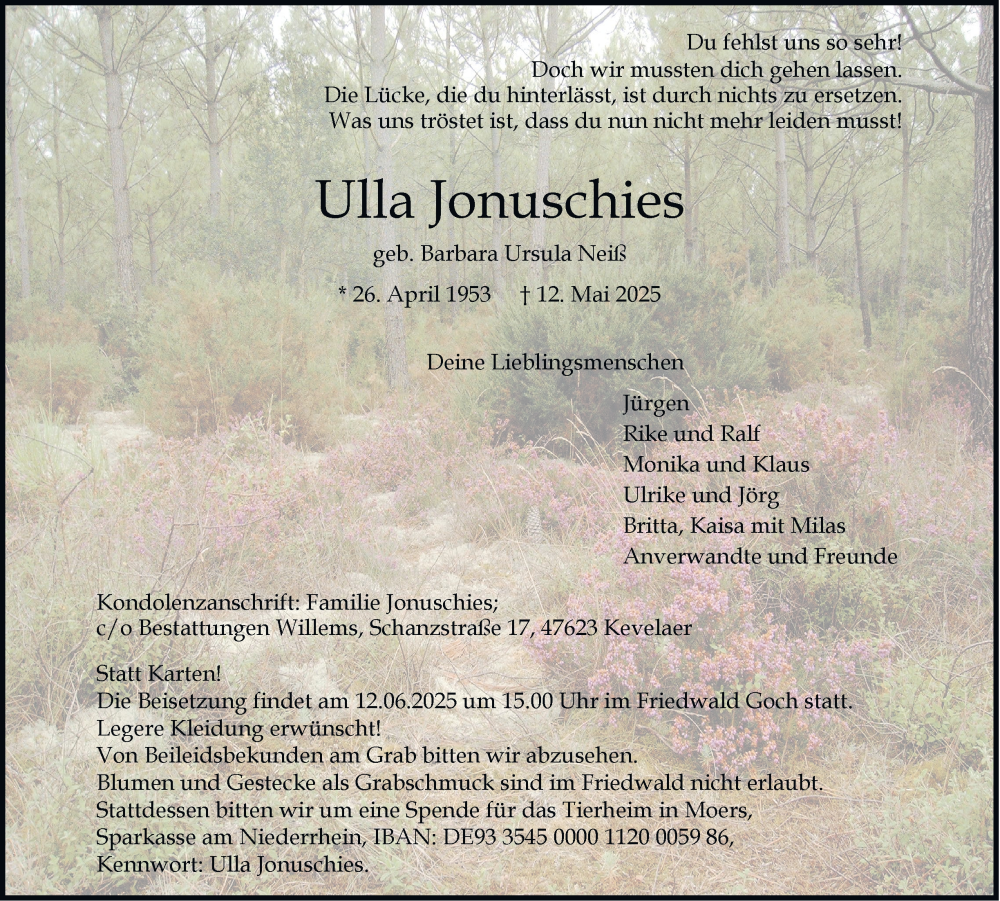  Traueranzeige für Ulla Jonuschies vom 31.05.2025 aus Tageszeitung