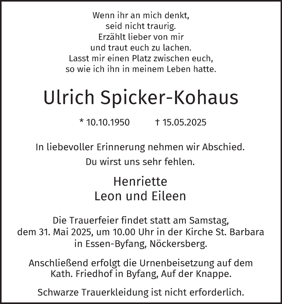  Traueranzeige für Ulrich Spicker-Kohaus vom 24.05.2025 aus Tageszeitung