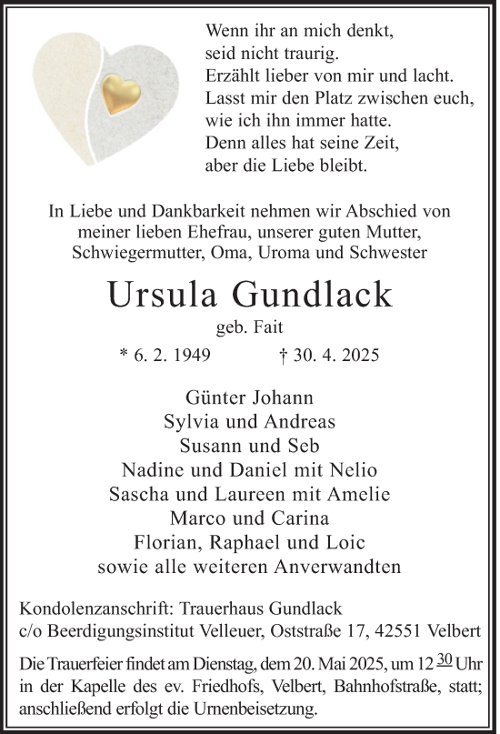 Traueranzeige von Ursula Gundlack von Tageszeitung