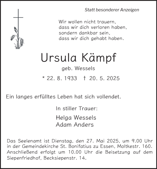 Traueranzeige von Ursula Kämpf von Tageszeitung