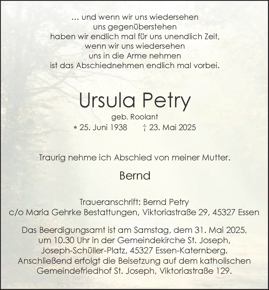  Traueranzeige für Ursula Petry vom 30.05.2025 aus Tageszeitung