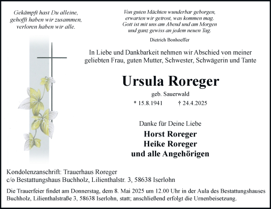 Traueranzeige von Ursula Roreger von Tageszeitung