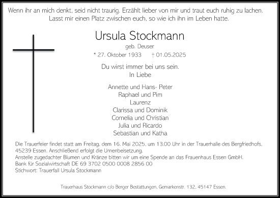 Traueranzeige von Ursula Stockmann von Tageszeitung