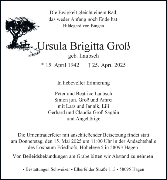 Traueranzeige von Ursula Brigitta Groß von Tageszeitung