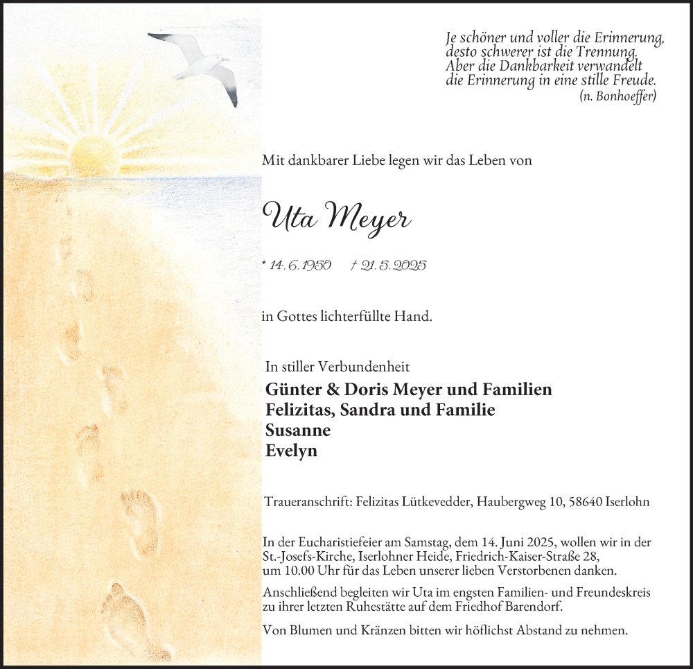  Traueranzeige für Uta Meyer vom 31.05.2025 aus Tageszeitung