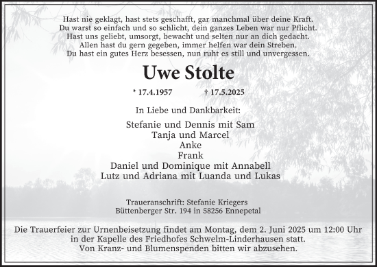 Traueranzeige von Uwe Stolte von Tageszeitung
