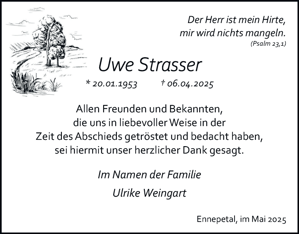  Traueranzeige für Uwe Strasser vom 31.05.2025 aus Tageszeitung