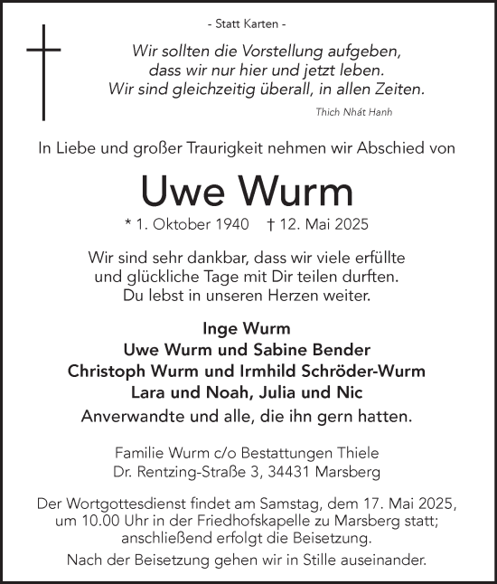 Traueranzeige von Uwe Wurm von Tageszeitung