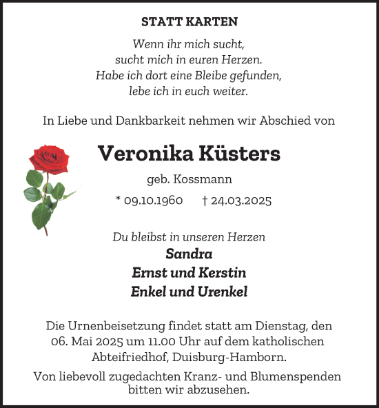 Traueranzeige von Veronika Küsters von Tageszeitung