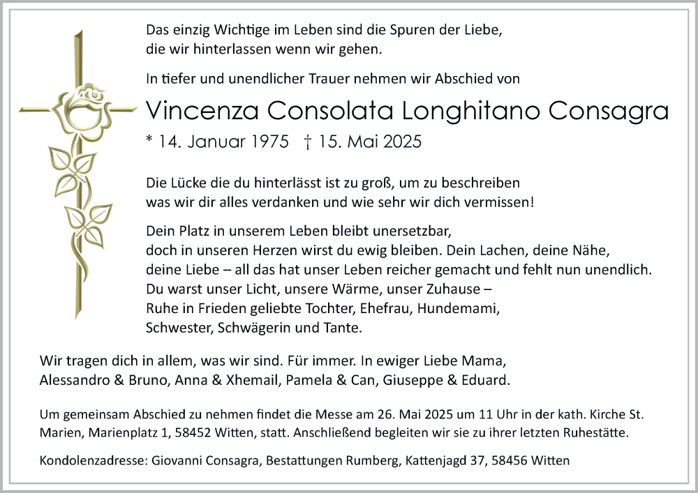  Traueranzeige für Vincenza Consolata Longhitano Consagra vom 23.05.2025 aus Tageszeitung