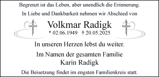 Traueranzeige von Volkmar Radigk von Tageszeitung
