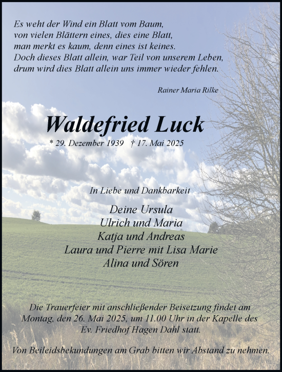 Traueranzeige von Waldefried Luck von Tageszeitung
