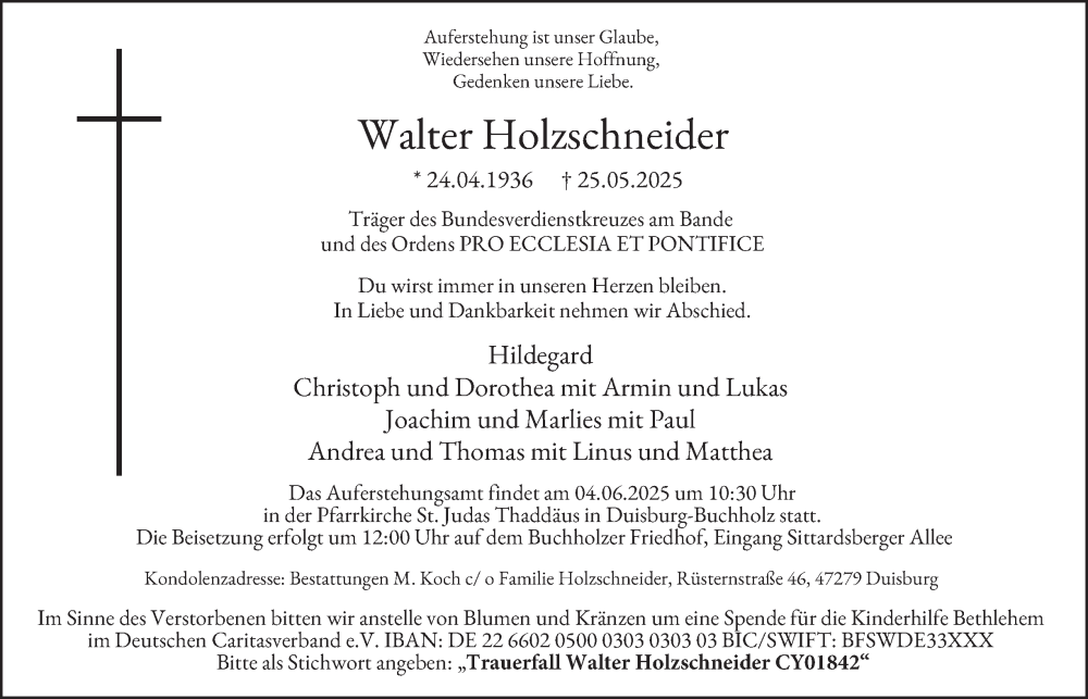  Traueranzeige für Walter Holzschneider vom 31.05.2025 aus Tageszeitung