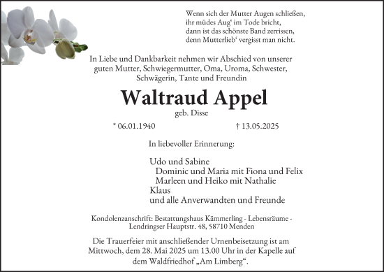 Traueranzeige von Waltraud Appel von Tageszeitung
