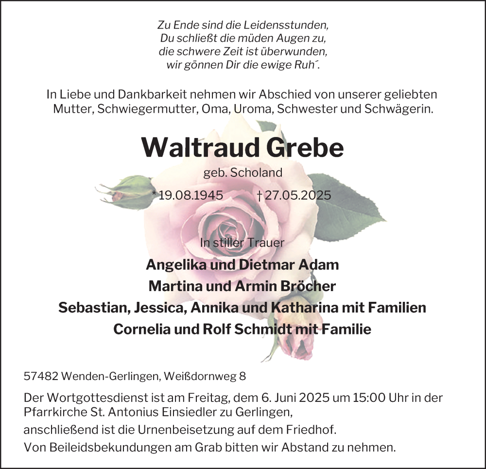  Traueranzeige für Waltraud Grebe vom 31.05.2025 aus Tageszeitung