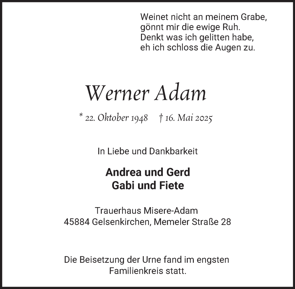  Traueranzeige für Werner Adam vom 31.05.2025 aus Tageszeitung