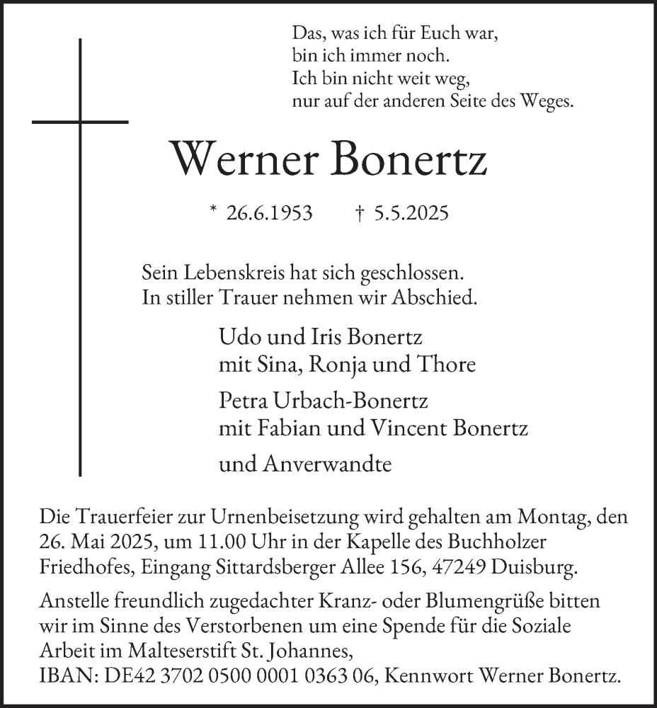  Traueranzeige für Werner Bonertz vom 23.05.2025 aus Tageszeitung