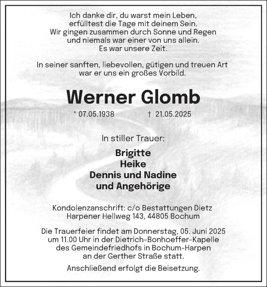  Traueranzeige für Werner Glomb vom 31.05.2025 aus Tageszeitung