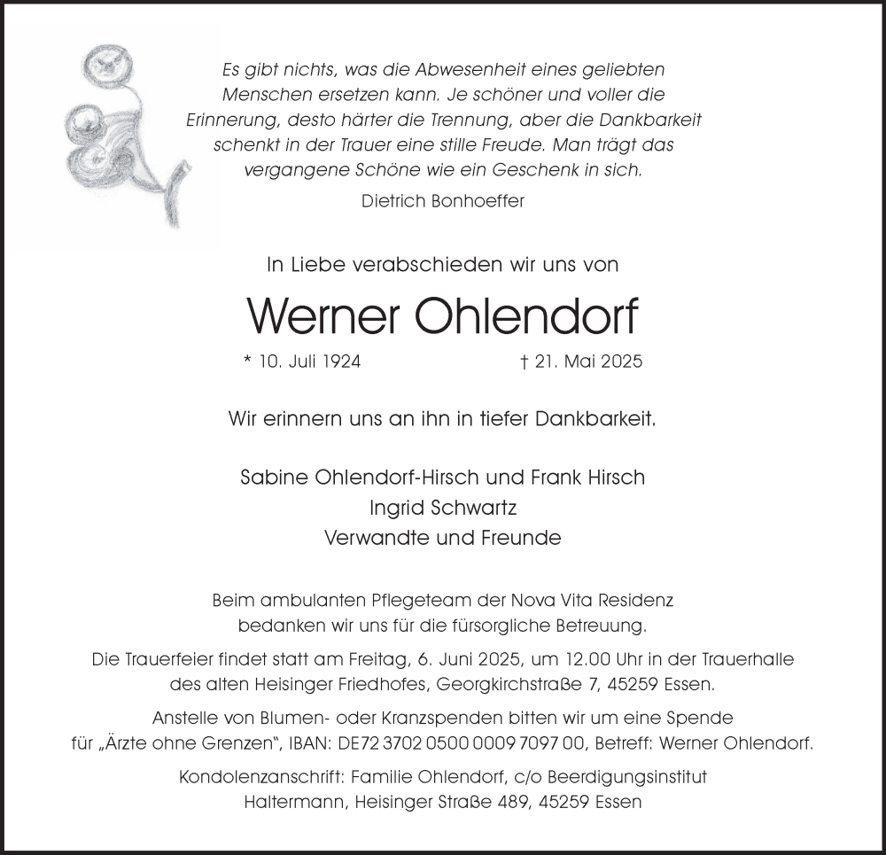  Traueranzeige für Werner Ohlendorf vom 31.05.2025 aus Tageszeitung