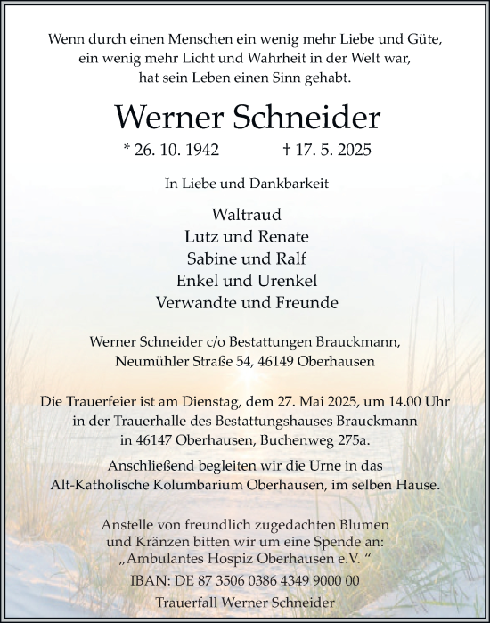 Traueranzeige von Werner Schneider von Tageszeitung