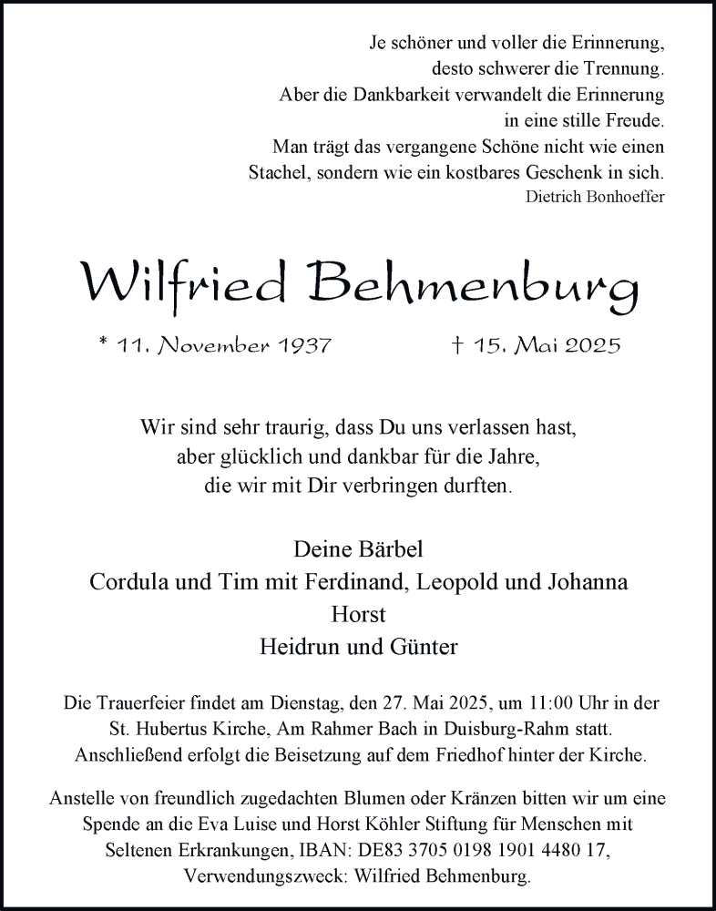  Traueranzeige für Wilfried Behmenburg vom 24.05.2025 aus Tageszeitung