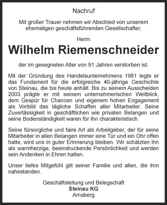 Traueranzeige von Wilhelm Riemenschneider von Tageszeitung