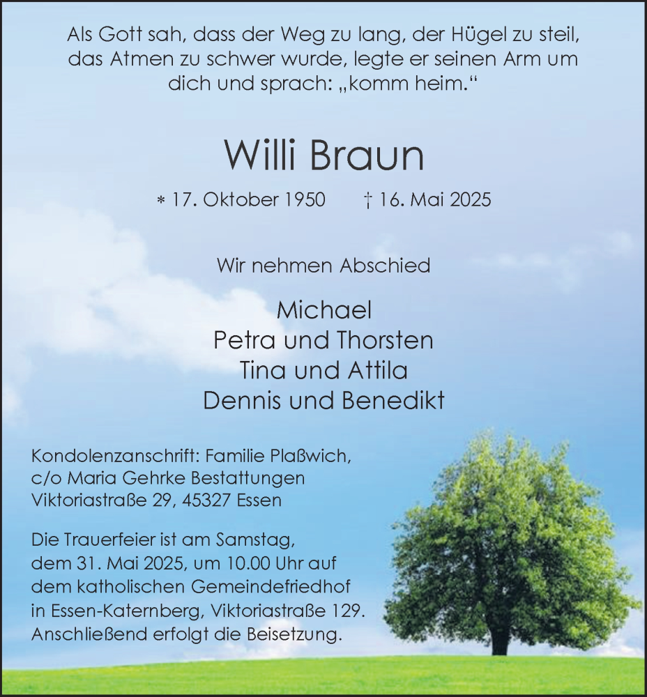 Traueranzeige für Willi Braun vom 28.05.2025 aus Tageszeitung