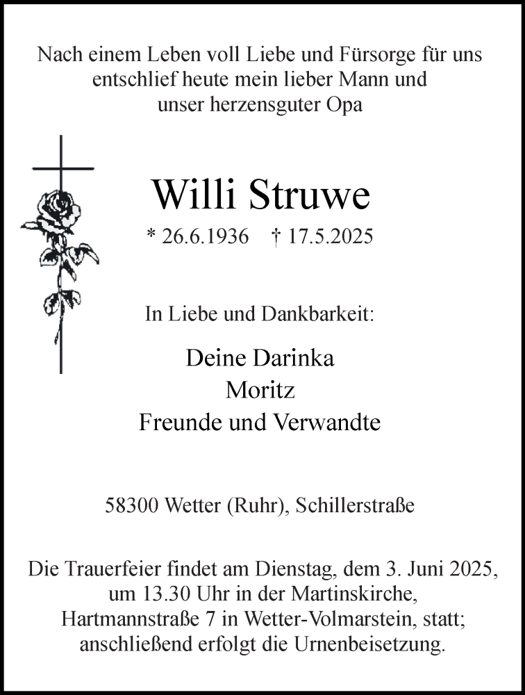 Traueranzeige für Willi Struwe vom 24.05.2025 aus Tageszeitung