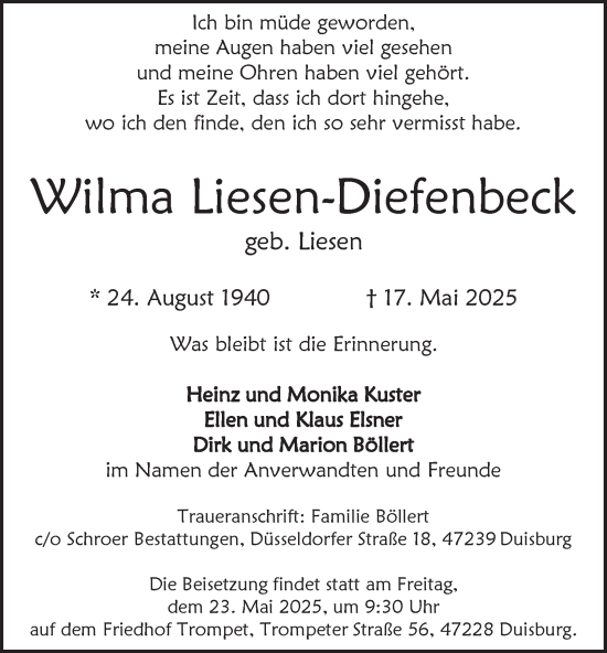 Traueranzeige von Wilma Liesen-Diefenbeck von Tageszeitung
