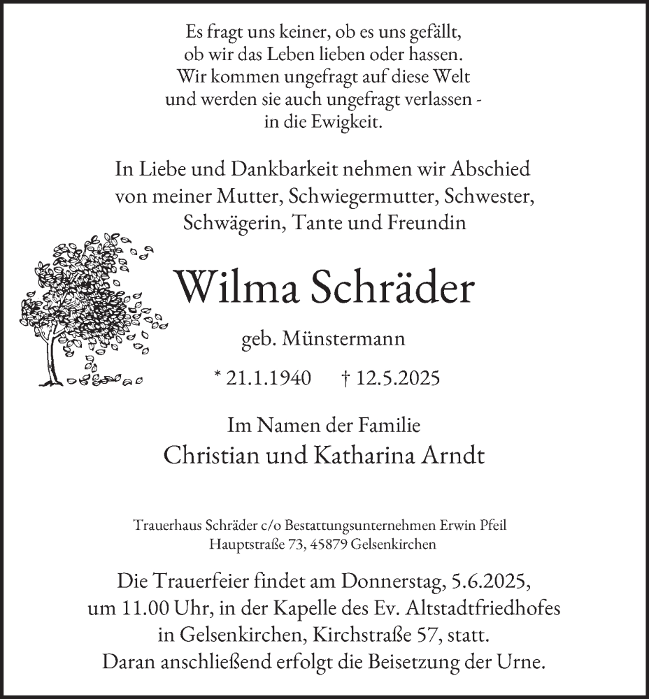  Traueranzeige für Wilma Schräder vom 31.05.2025 aus Tageszeitung