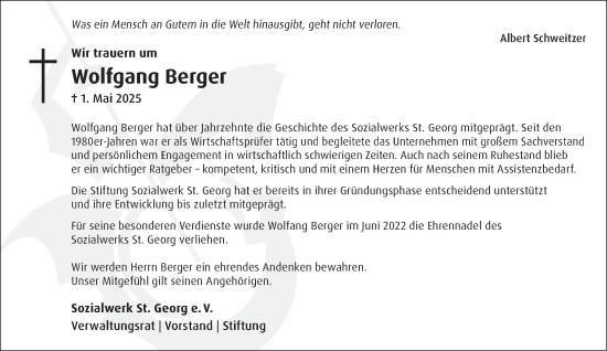 Traueranzeige von Wolfgang Berger von Tageszeitung