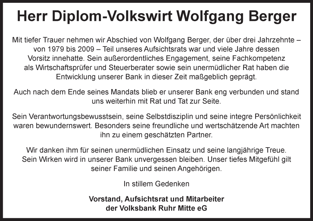  Traueranzeige für Wolfgang Berger vom 24.05.2025 aus Tageszeitung