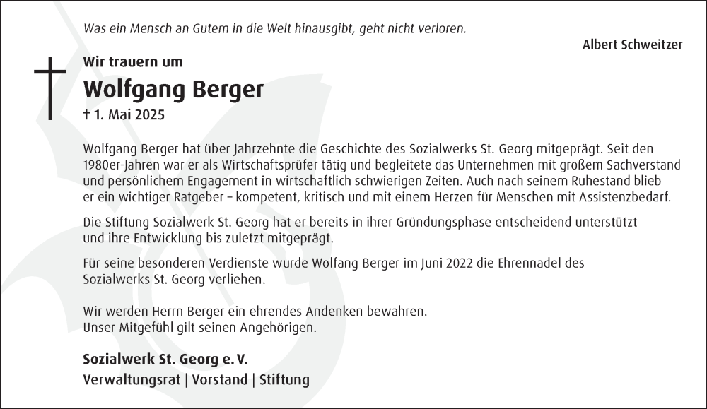  Traueranzeige für Wolfgang Berger vom 24.05.2025 aus Tageszeitung