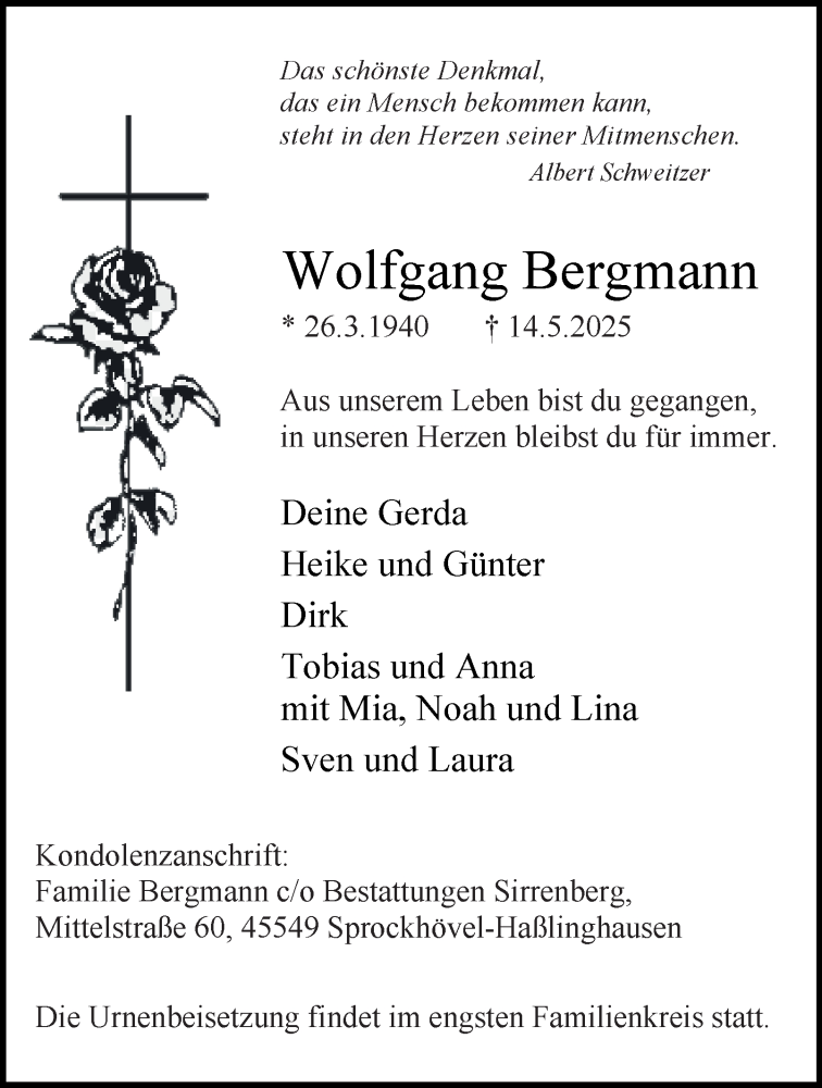  Traueranzeige für Wolfgang Bergmann vom 24.05.2025 aus Tageszeitung