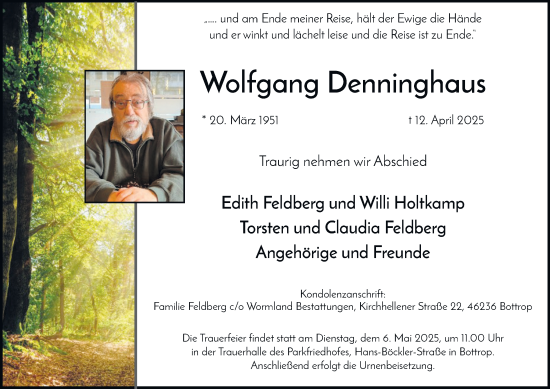 Traueranzeige von Wolfgang Denninghaus von Tageszeitung